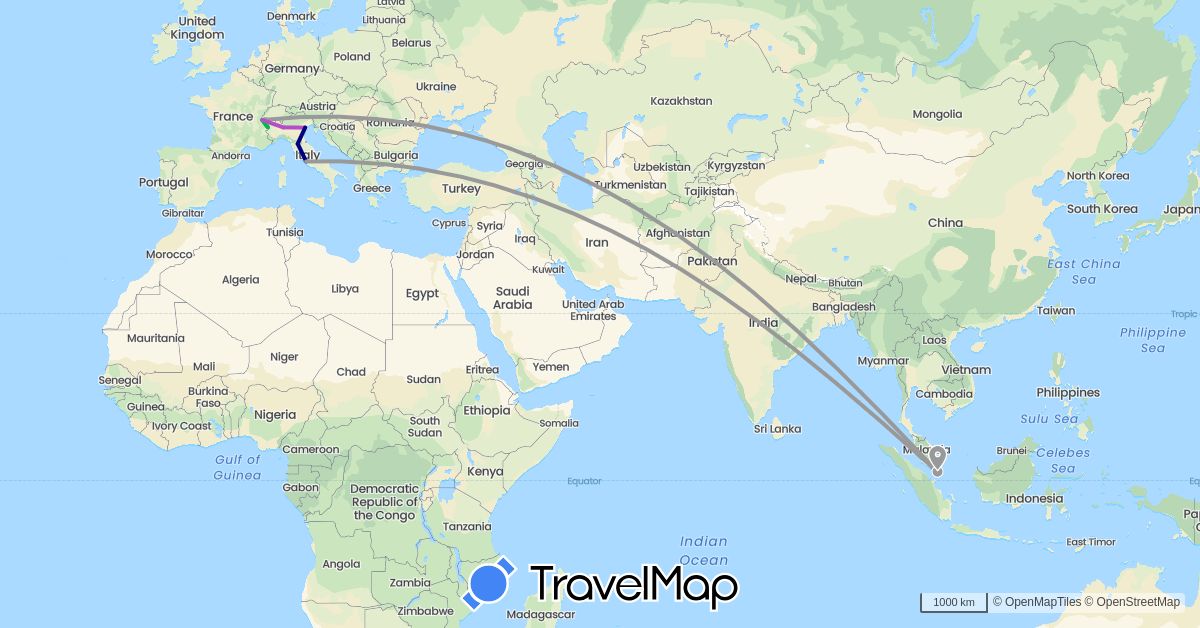 TravelMap itinerary: driving, bus, plane, train in Switzerland, France, Italy, Singapore (Asia, Europe)