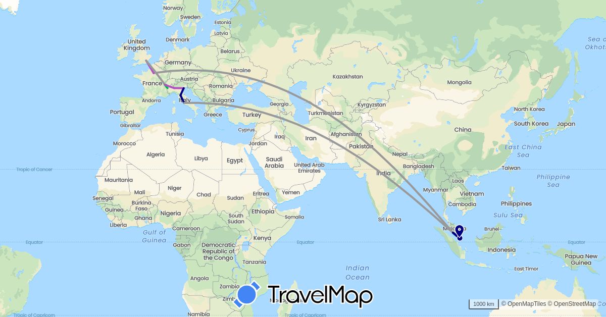 TravelMap itinerary: driving, bus, plane, train in Switzerland, France, United Kingdom, Italy, Malaysia, Singapore (Asia, Europe)